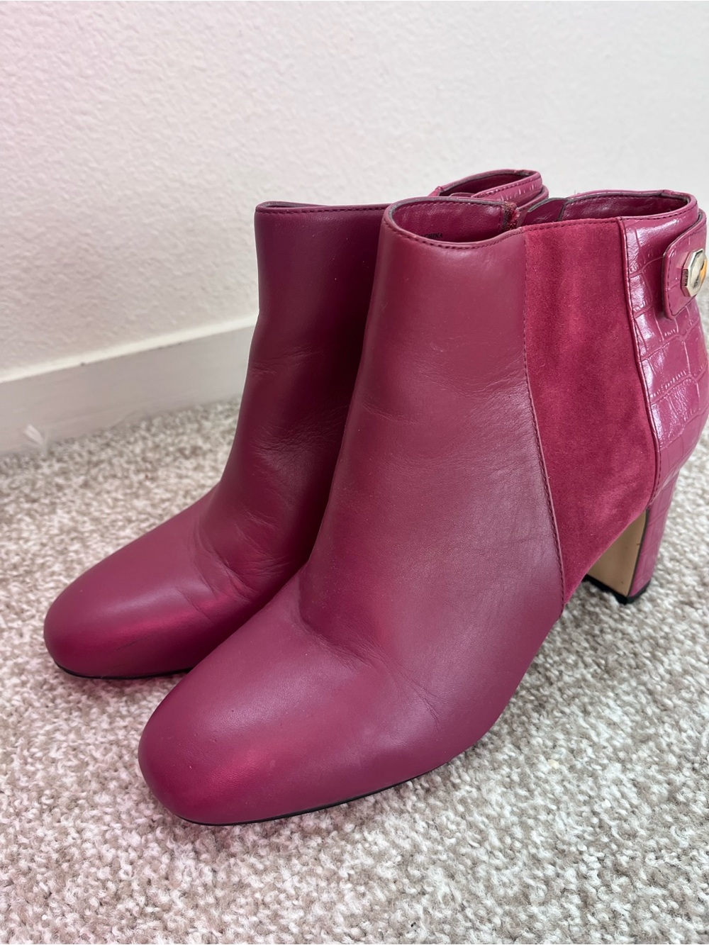 White House Black Market Wine Leather & Suede Ankle Booties